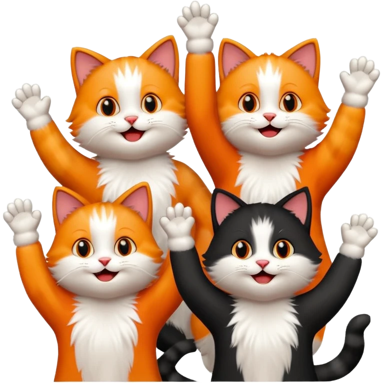 four happy cats with paws up, cheering emoji