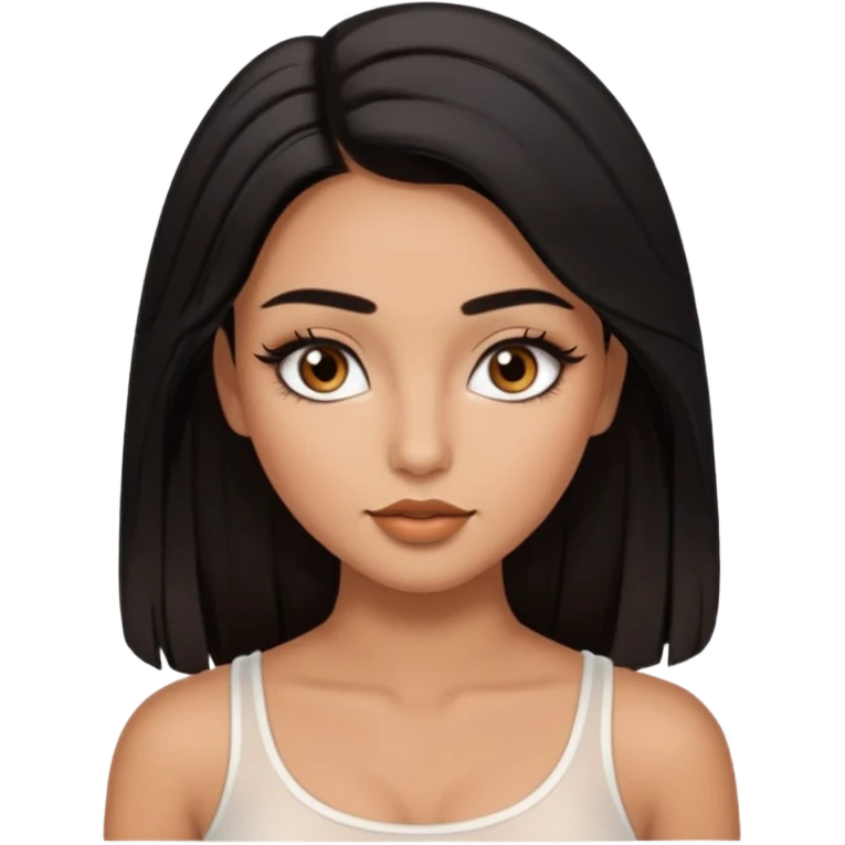 A girl, who has long black styled silk hair, tan skin. almond brown eyes that has black long lashes, small nose and full lips. and a bit of makeup like bronzer. and wearing a white tight top. long black lashes and medium arched brows. looks like a baddie. emoji