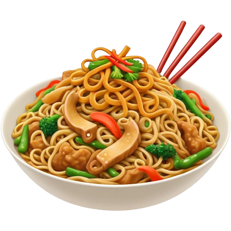 Cinematic Realistic Chow Mein Dish Emoji, showcasing stir‚Äêfried noodles with crisp vegetables and tender meat, rendered with lifelike detail and vibrant, dynamic lighting. emoji