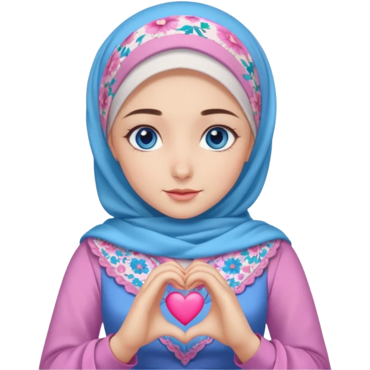 Turkish beautiful finish Konya girl blue eyes with mini floral hijab and lila blue pink dress and she make heart with hands emoji