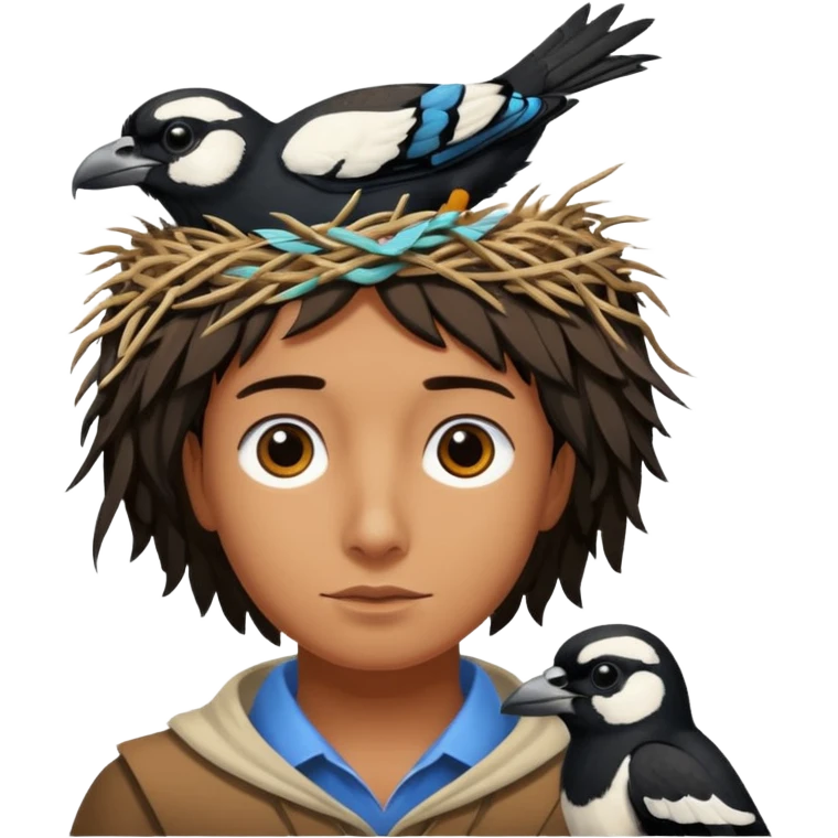 An Australian Magpie, birds nest that is located at the top of a man's head. emoji