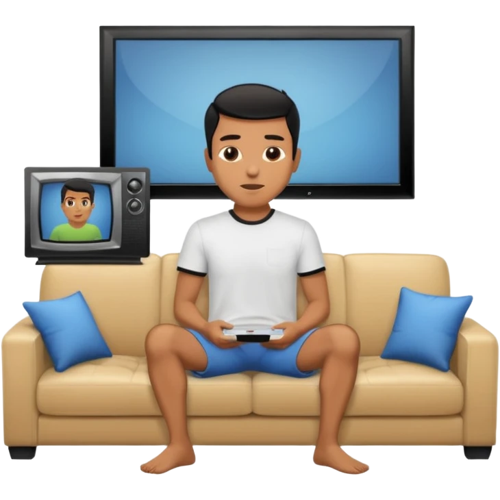 A man photographed from behind, sitting on a sofa and watching the news on TV on a modern flat screen. The setting is a living room. emoji