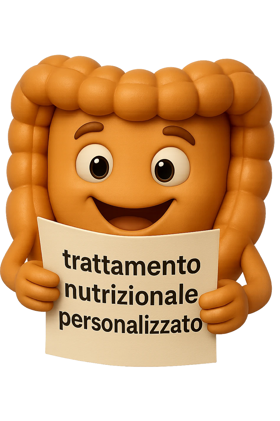 emoji stile iphone di un intestino felice che legge un foglio con la scritta "trattamento nutrizionale personalizzato", non fargli il naso, iperrealistico 4k emoji