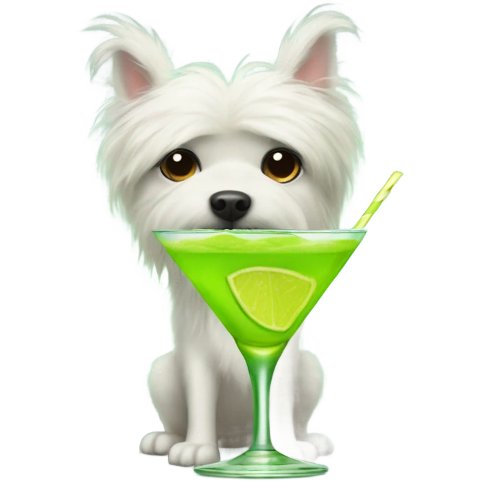 lime green fluffy dog with pointy ears and a martini emoji