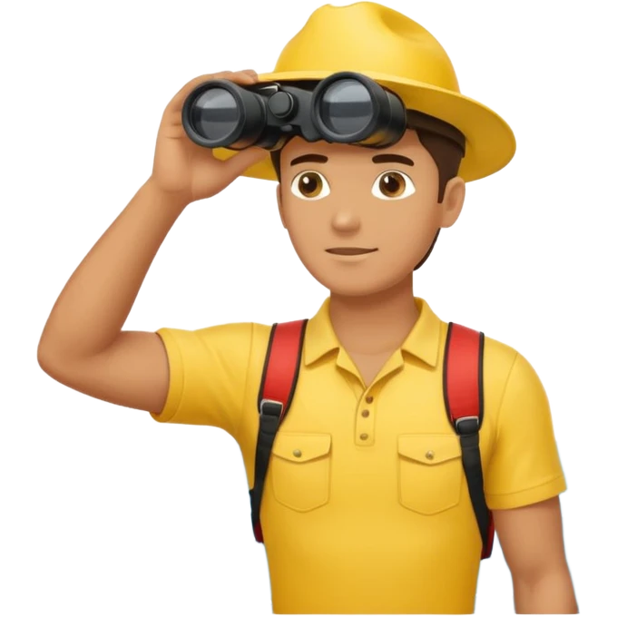 Male lifeguard – yellow shirt, binoculars in hand, scanning the sea emoji