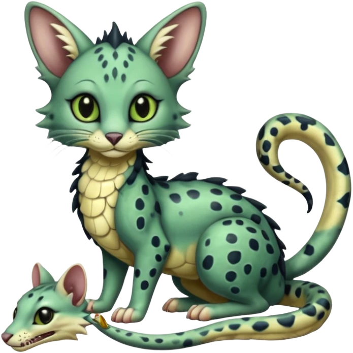 Realistic swampy greenish dark edgy spooky Flurry furry scary slimy oily glossy wet gloomy dusky scaly sergal-serval-possum-sphynx-Koi-sergal-fusion-animal-hybrid-creature with a snake-tail emoji