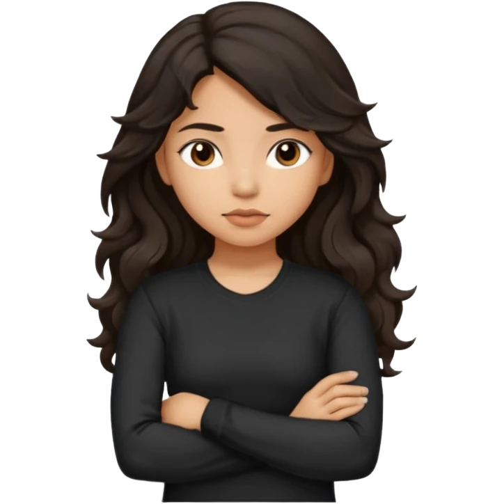 Hispanic girl with dark long wavy hair crossing her arms with slight pout wearing a black long sleeve shirt emoji