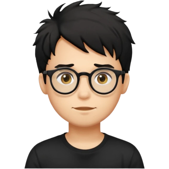 a light tan boy with messy a black hair and spectacles. wearing a black tshirt emoji