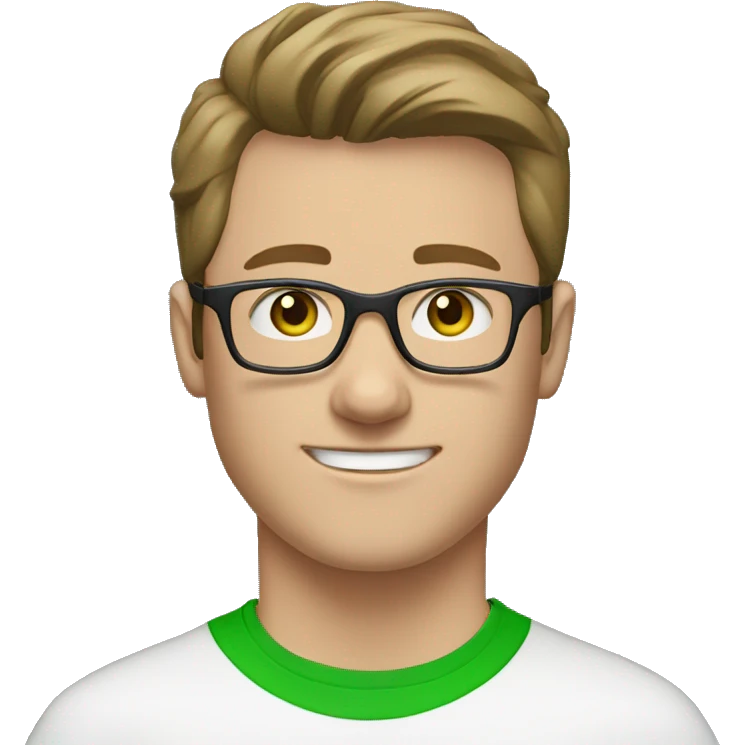 white young man with blue eyes and brown hair and square glasses wearing green t-shirt with headset emoji