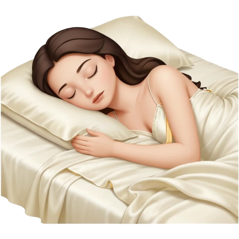brunette girl peacefully sleeping with silk sheets emoji