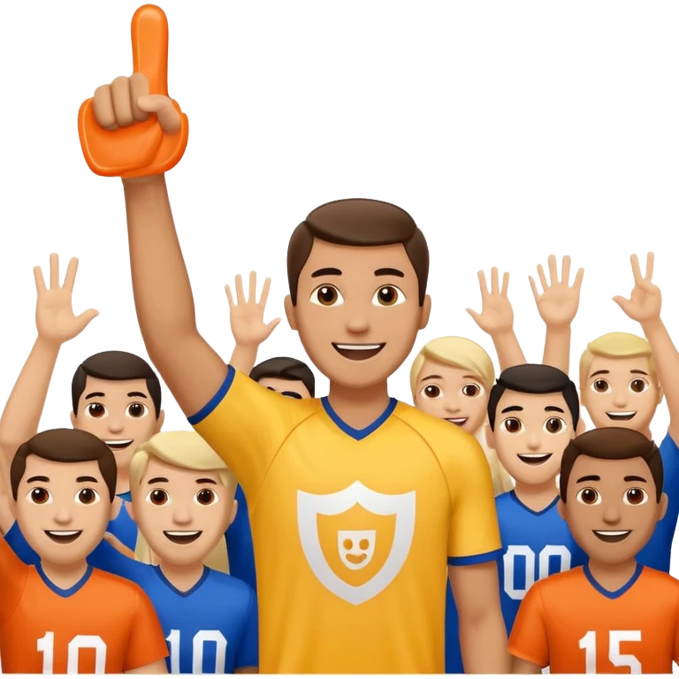 A cheerful man in a team jersey, waving a giant foam finger high with an excited grin. emoji