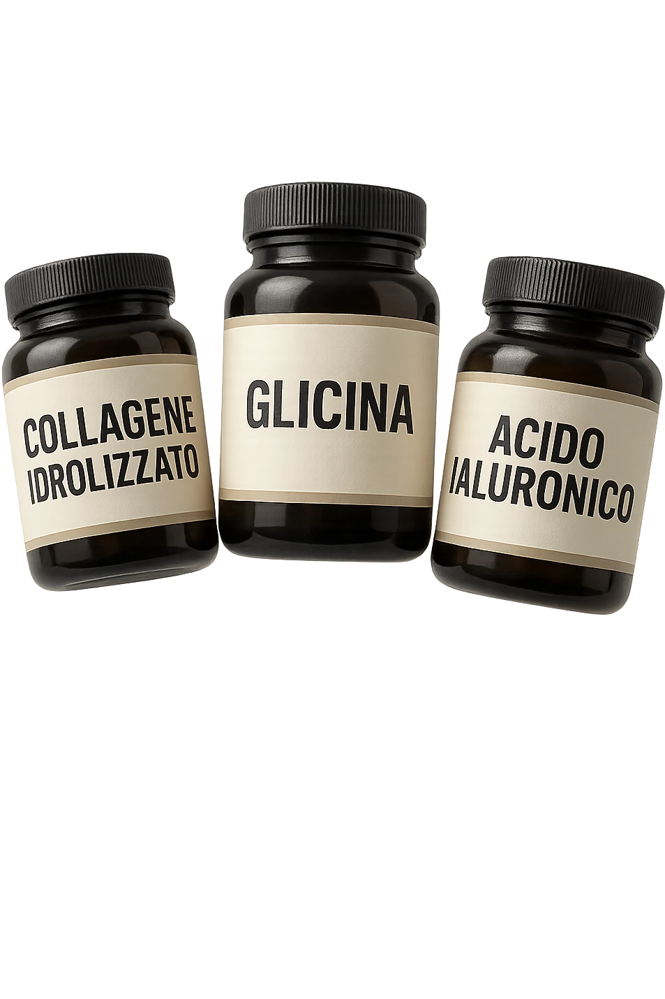 3 BARATTOLI DI INTEGRATORE CON LA SCRITTA: COLLAGENE IDROLIZZATO, GLICINA, ACIDO IALURONICO FLUTTUANO IN ARIA, IPERREALISTICA 4K emoji