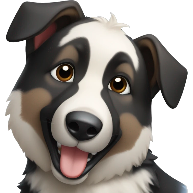 black and dark brown German shepherd with a white nose, with blue eyes, has a panda teddy in its mouth emoji