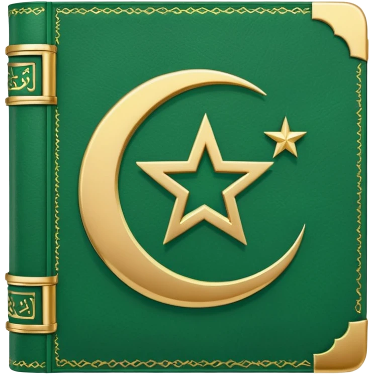 Closed Quran with the Islamic Symbol on it (moon and star) green from left to right emoji