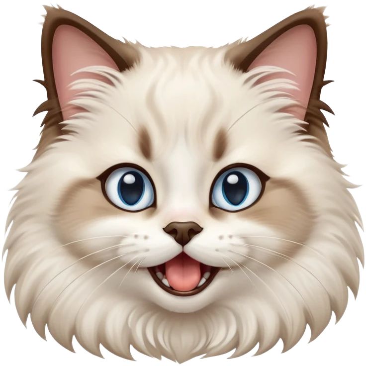 cinematic-adorable-big-eyed-fluffy-ragdoll-cat-portrait-emoji,-head-tilted-playfully-with-a-cute,-yawn,-white and brown fur,-simplified-yet-irresistibly-cute-features, blue eyes emoji