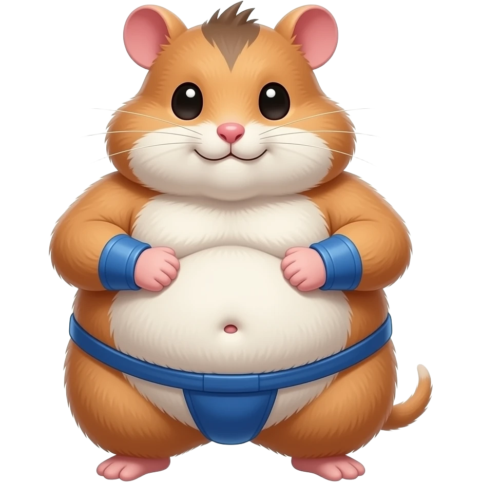 A cute female hamster,suited to be a sumo wrestler,she rubs her huge overstuffed stomach,a cute little bellybutton poking out of her fur,she is massively fat. emoji