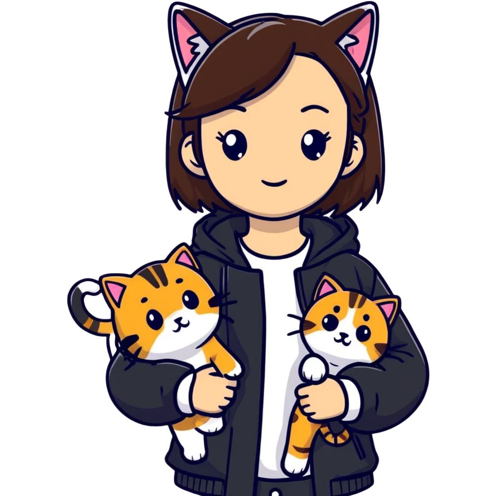 A brown straight-haired girl wearing black jacket with cats emoji