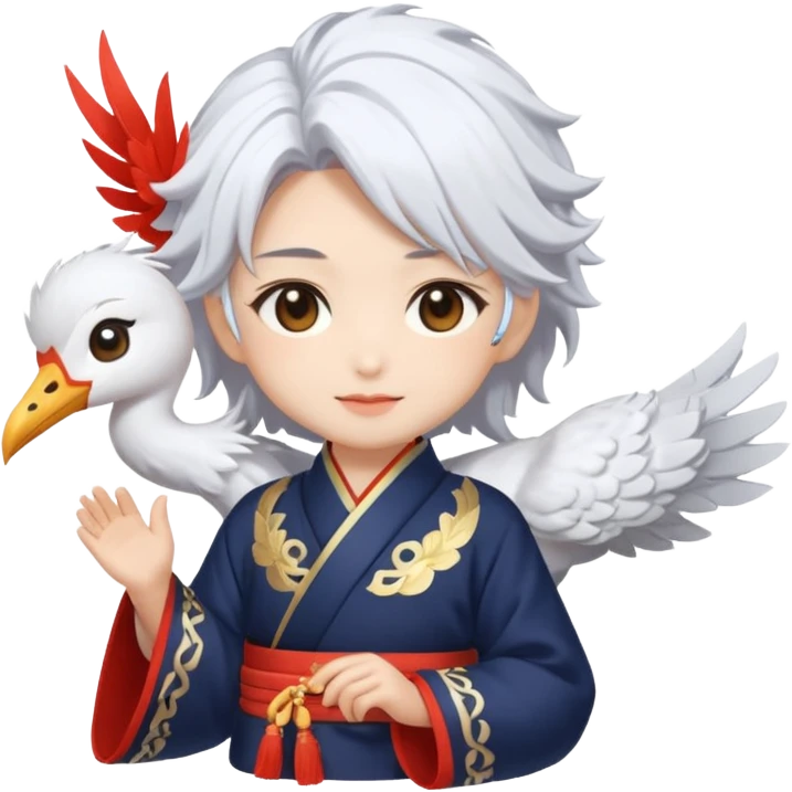 A cute chibi-style emoji of Xianyun (Cloud Retainer) from Genshin Impact, with her elegant crane-like features, fluffy white hair, and traditional Liyue attire. Add a playful or serene expression, maybe with a small cloud or mist effect around her to emoji