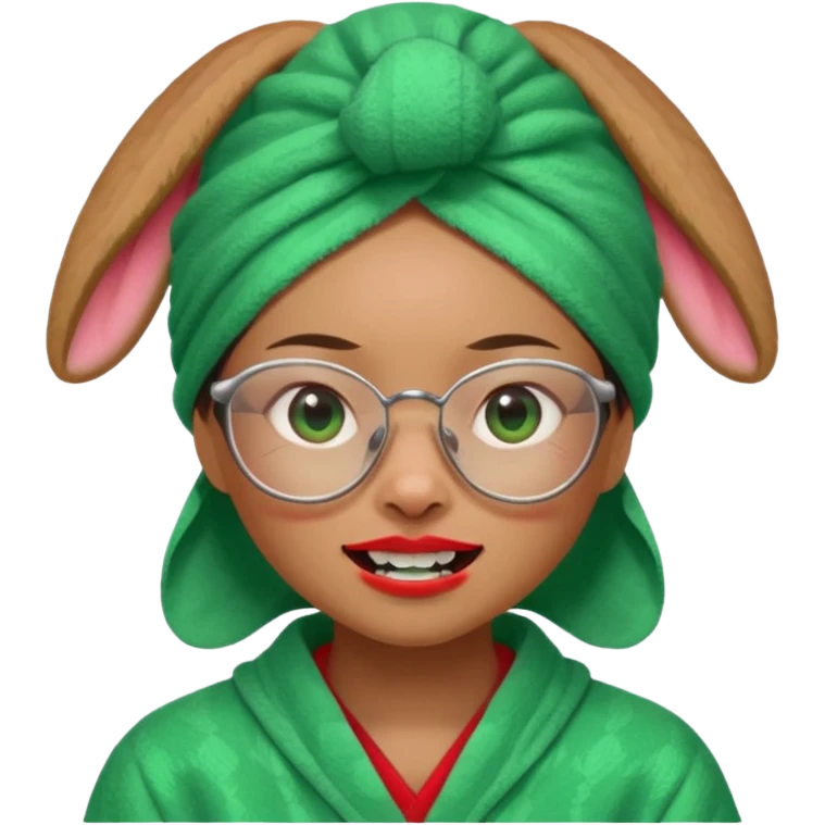Asian woman who has a big rabbit front teeth wearing a green towel in her head with a broken glasses on her face in red pajamas emoji