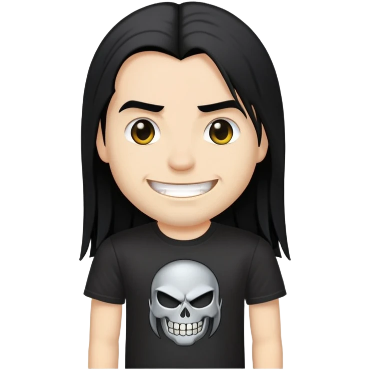 A heavy metal fan with long straight black hair, wearing a black heavy metal band t-shirt, with a smirky smile on face emoji