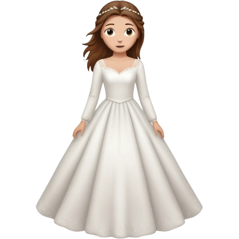 Chica blanca,pelo castaño y recogido,pelos salidos, vestido novia, manga larga cuerpo entero emoji