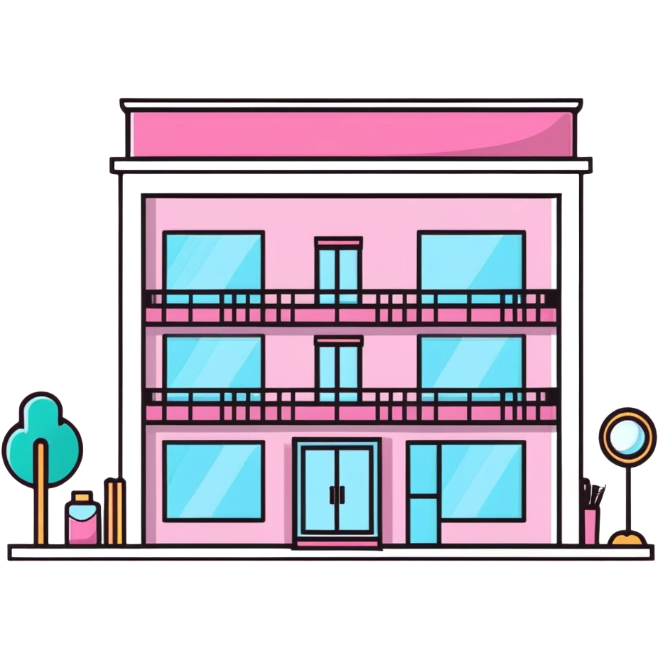 magnifying glass over a beauty salon building emoji