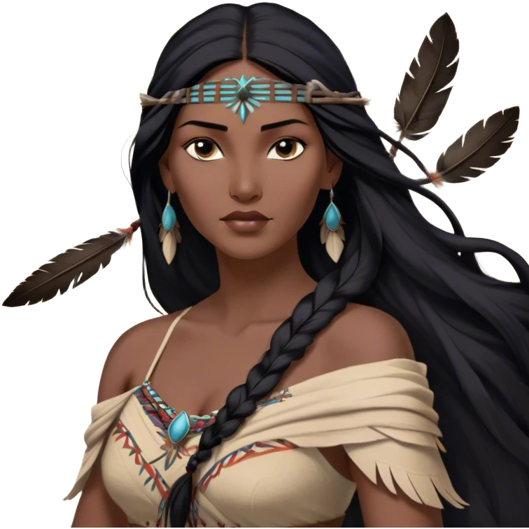 Cinematic Realistic Pocahontas Portrait, depicted with lifelike skin texture, soft natural lighting, and intricately detailed long, flowing raven-black hair that moves gracefully in the wind. Her deep, soulful dark brown eyes exude wisdom and strength, complemented by a serene yet powerful expression. She is dressed in her classic one-shoulder native american dress, with rich fabric textures and delicate beaded details that catch the light beautifully. The portrait features a soft, sun-kissed glow with a natural, radiant finish, capturing the essence of untamed beauty and deep connection to nature in a realistic and painterly style, evoking a sense of depth and authenticity. emoji