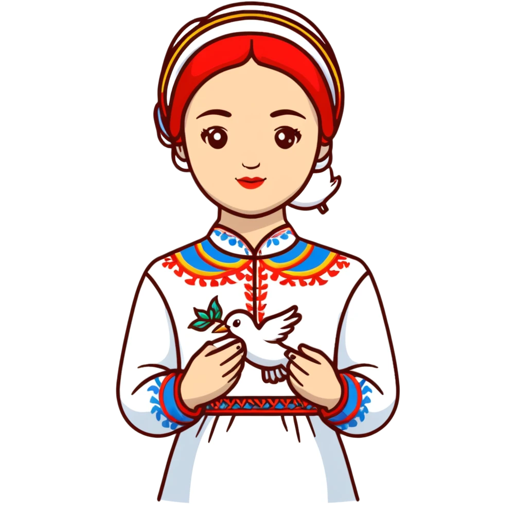 Ukrainian girl wearing a traditional embroidered vyshyvanka shirt with a white dove of peace next to her emoji