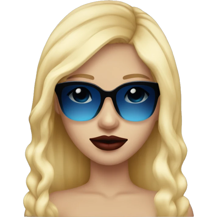 girl long blonde hair blue eyes black sunglasses that cover her eyes and cherry lipstick emoji