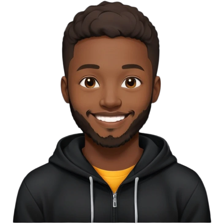 African yound man in his late 20s with a  bright smile with a short boxed beard, black hoody, and a low cut hair, looking like dvido emoji