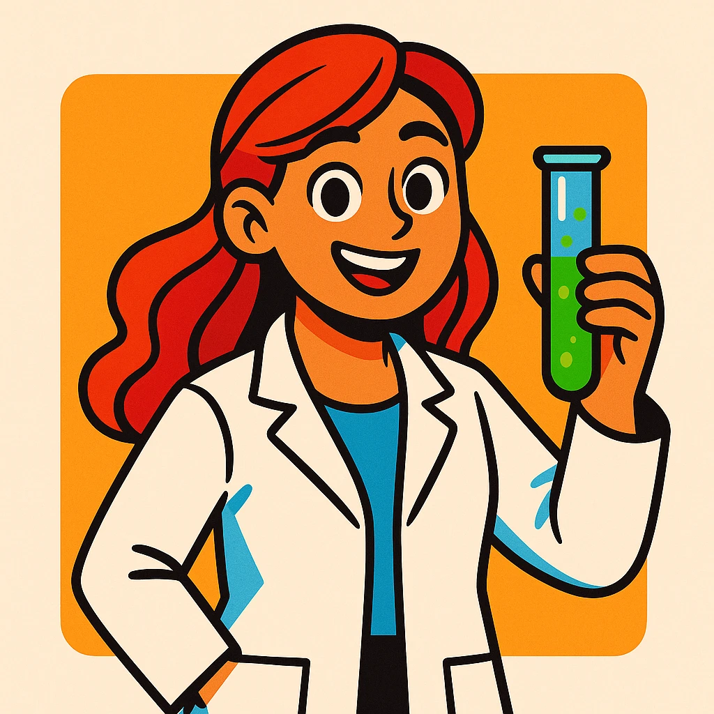 a beautiful girl scientist wearing a lab coat holding a test tube cheerful expression modern cartoon style emoji