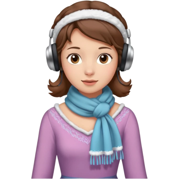 Victorian ice skater in a long dress. She is wearimg a scarf and earmuffs. She has brown hair. emoji