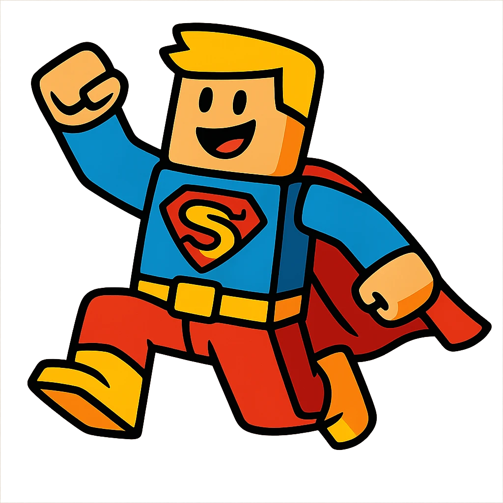 Edit the roblox character avatar to have a blocky style with simple clothing and a cheerful expression. The character should wear a superhero costume with a cape in a dynamic pose. Maintain vibrant toon style with a white background. emoji