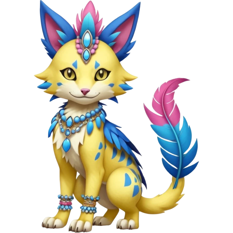 Kawaii cute yellow, blue, pink, exotic tribal beautiful pretty elegant divine edgy feline-vernid-sergal-Fakémon-Pokémon-Digimon-fursona-animal-creature with bracelet, necklace, full body, with intricate detailed markings, feather headdress  emoji