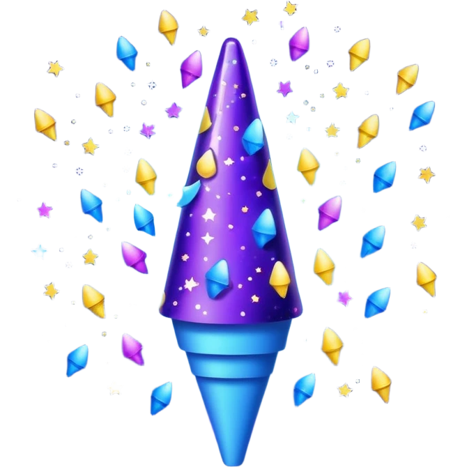 Emoji with glowing cone-shaped confetti popper, purple and blue colors emitting confetti and glitter, creating a bright festive atmosphere emoji