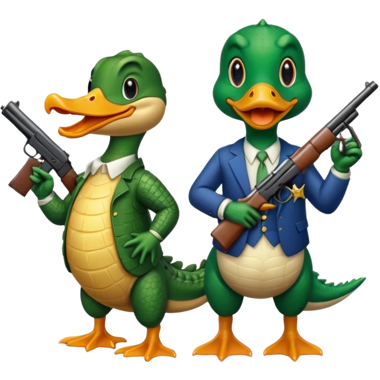 Alligator and a duck holding a gun emoji