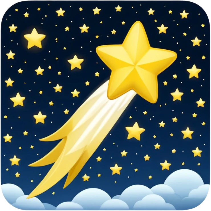 Generate a high-quality image of a shooting star streaking across the night sky, bright glowing yellow and white tail, realistic shading and lighting, no facial features, no brand markings, simple dark background, high-resolution.
 emoji