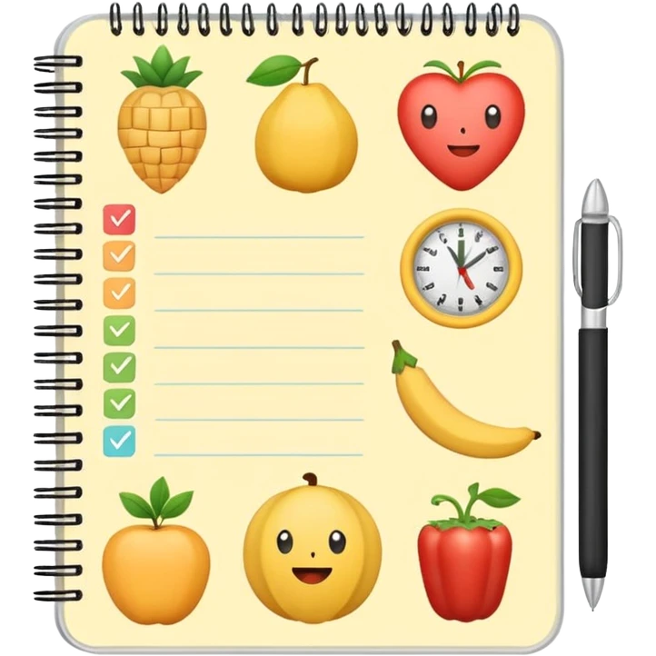 Emoji of checklist notebook with healthy food icons, nutrition planning, flat minimal emoji, pastel colors emoji