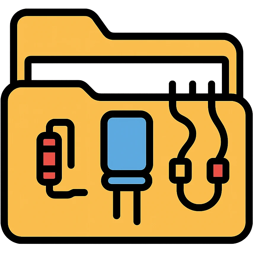 folder icon containing electric parts inventory with visible components like resistors, capacitors, and wires emoji