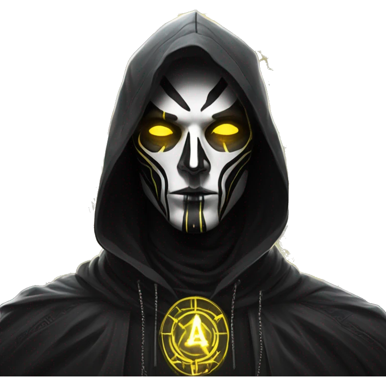 A digital painting of a SPECTRE, cyberpunk man with glowing yellow eyes and black and white face paint, wearing a dark hooded cloak, portrait, intricate details, silver ornate circular frame emoji
