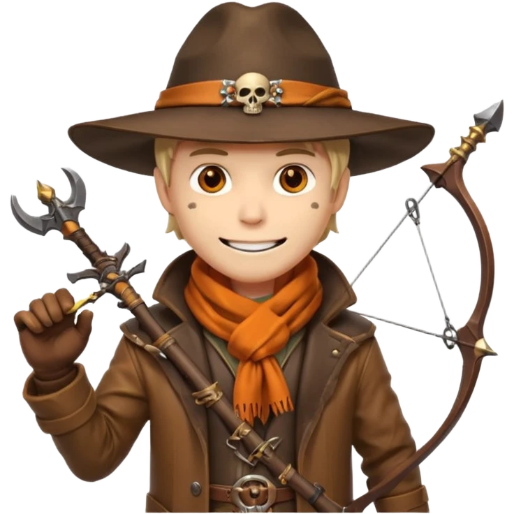 male human monster hunter emoji, wearing brown leather coat and wide hat, holding crossbow or rifle, with amulet shaped like skull, Halloween fantasy theme, confident smile, orange scarf, Apple emoji style, clean white background, square image emoji