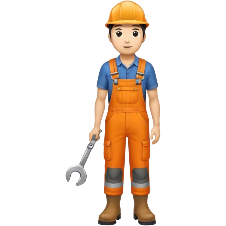 Asian engineer orange overalls, boots holding a spanner emoji