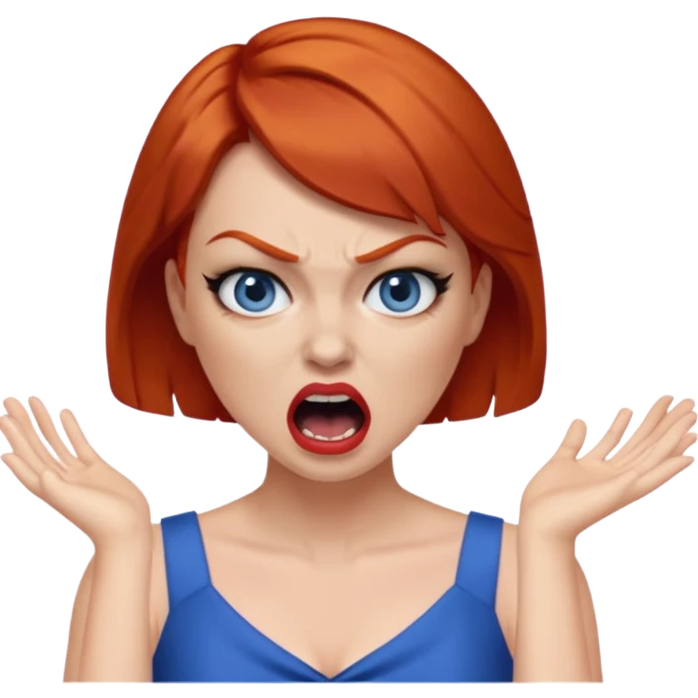 mujer pelirroja con los ojos y los labios maquillados enojada gritando con vestido azul pelo corto emoji