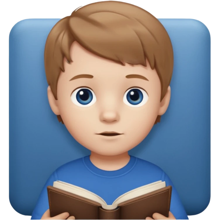 Light brown haired toddler boy with dark blue eyes with book indoors emoji
