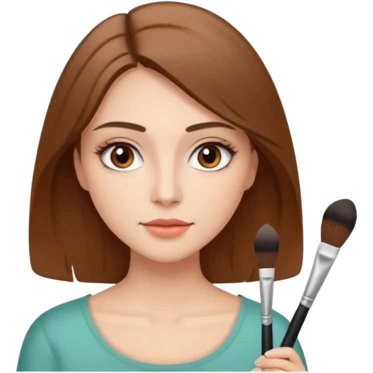Chicha rubia de ojos café con cabello abajo de hombro haciéndose un maquillaje natural con una brocha en la mano de maquillaje  emoji