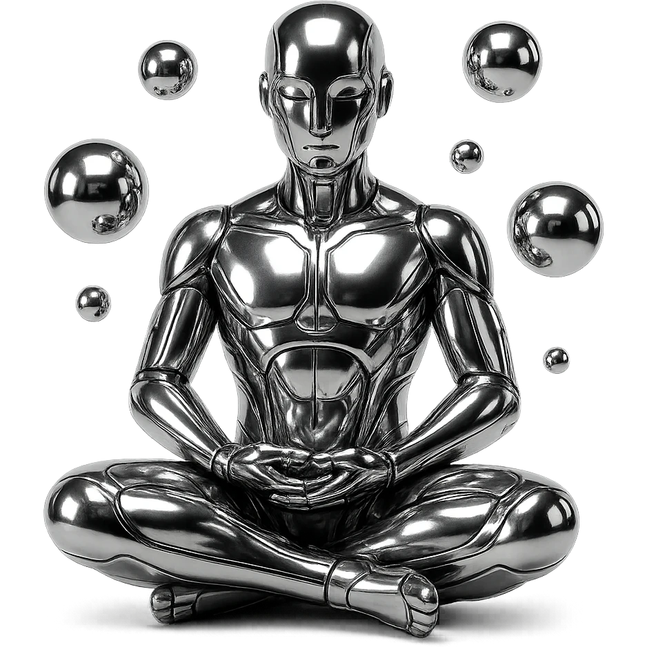 stylized chrome meditating figure with several shiny spheres orbiting around, futuristic and smooth emoji