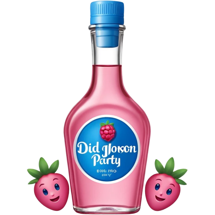 bottle of oil blue top pink outside with logo that says Diddy Party oil Johnson and Johnson  brand with a smiling berry on top emoji