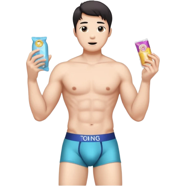 Male shirtless white skin Asian korean six pack sexy big dih lean full body without pants hold condom and jerking off with a little bit hair upper underwear  emoji