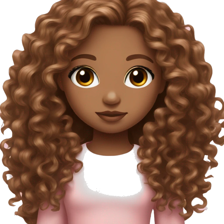 Light brown doll eyes, long brown curly hair, feminine, pink, brown girl, angelic emoji