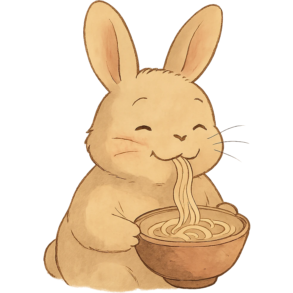 beige bunny happily slurping noodles in soft Ghibli style emoji